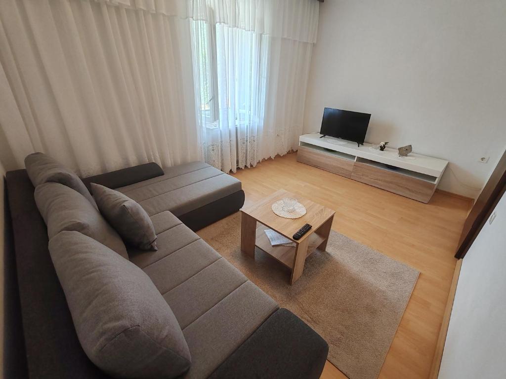 een woonkamer met een bank en een televisie bij Apartment Dora in Draga Bašćanska