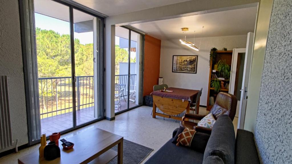 un salon avec un canapé et une table dans l'établissement Votre logement de Herault - Montpellier Celleneuve, à Montpellier