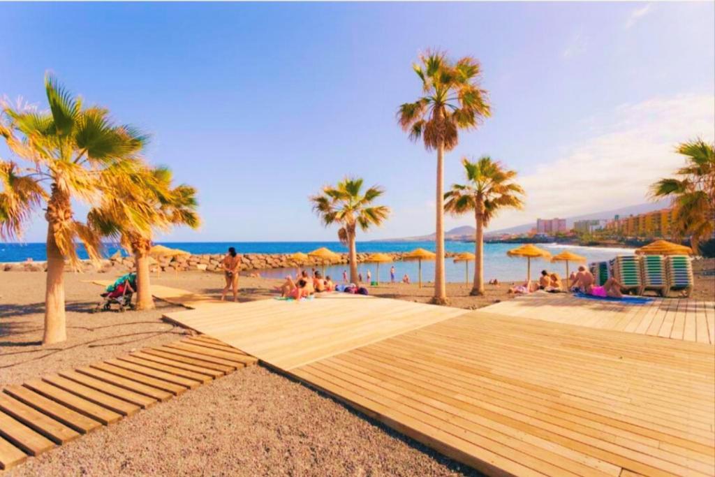 a group of people sitting on a beach with palm trees at Ocean Sky in Candelaria