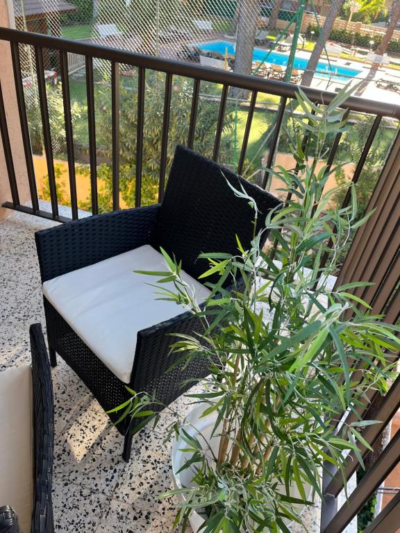 a black wicker chair sitting on a balcony with a plant at Apartamento Salou 2 playas, 2 km PortAventuraWorld in Salou