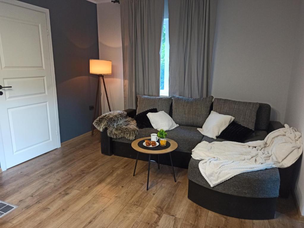 a living room with a couch and a table at Auga Holiday Homes in Narva-Jõesuu