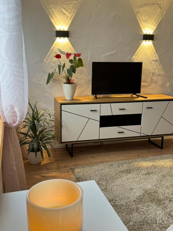 a living room with a tv on a dresser at Apartment Balingen City in Balingen
