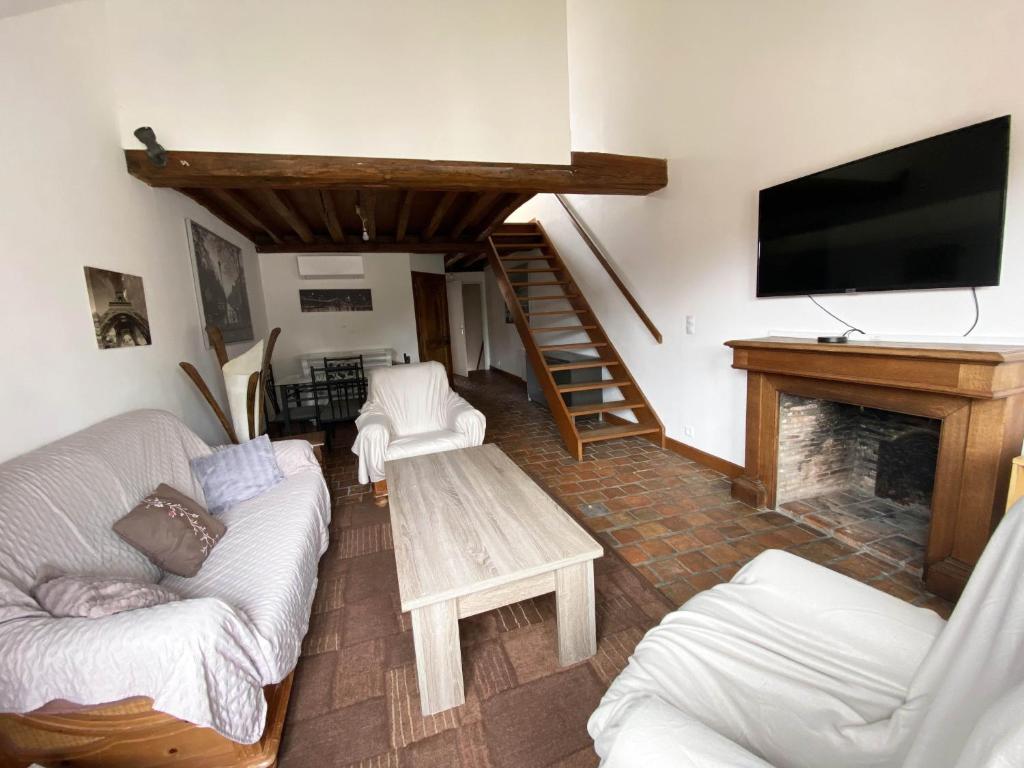 a living room with a couch and a fireplace at Appartement tout confort en centre-ville in Cosne Cours sur Loire