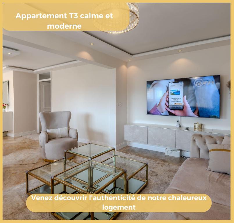 un salon avec un canapé et une télévision dans l'établissement Chez Ami I T3 I Annemasse, à Annemasse