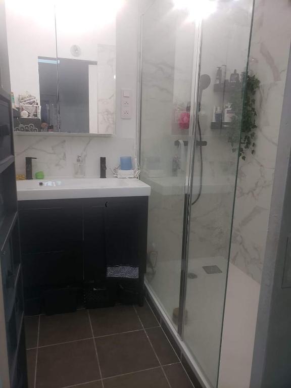 une salle de bain avec une douche, un lavabo et un miroir dans l'établissement Maison gemenos piscine proche plage 9 couchages clim marseille, à Gémenos