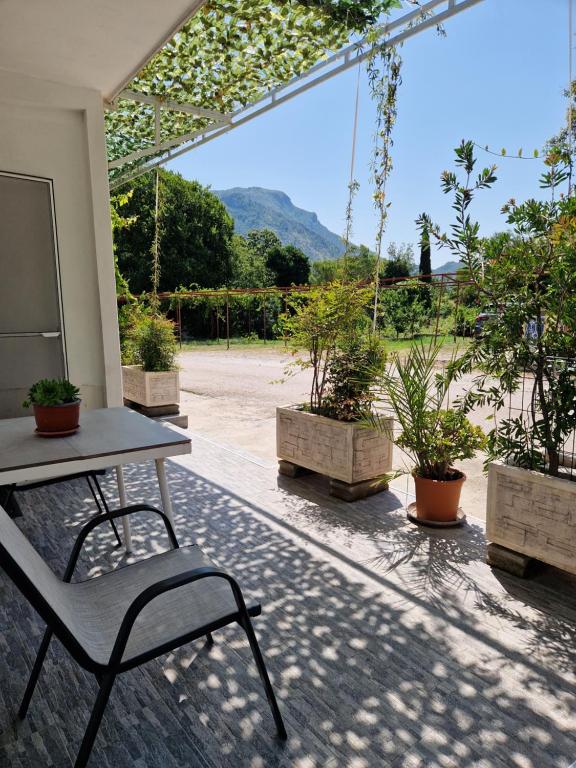a patio with a table and chairs and potted plants at Kostic Apartments in Buljarica