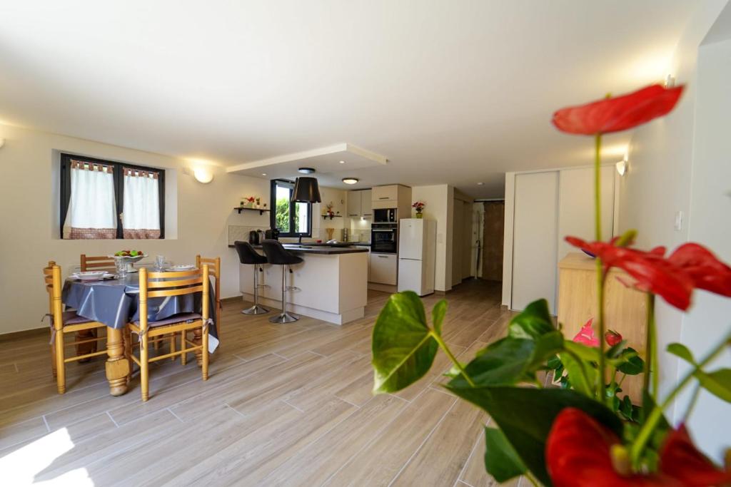 Il comprend un salon et une cuisine avec une table et des chaises. dans l'établissement Le crêt du lac charmant appartement au calme, à Sévrier