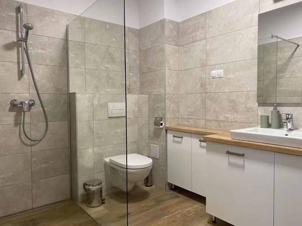 łazienka z prysznicem, toaletą i umywalką w obiekcie ROYAL AQUAMARINE - lakeside luxury flat at Balaton w mieście Keszthely