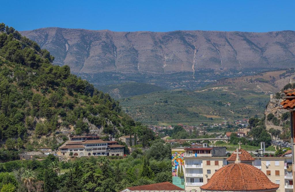 a view of a city with mountains in the background at Stergjo Townview Residences in Berat