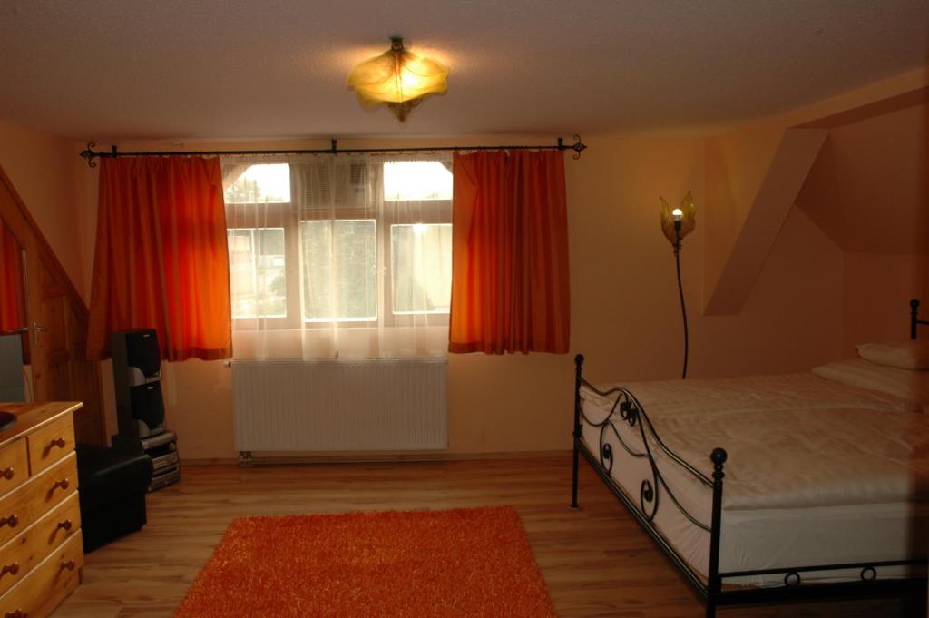 ザラエゲルセグにあるÁlom Kuckó Apartmanのベッドルーム1室(ベッド1台付)、赤いカーテン付きの窓が備わります。