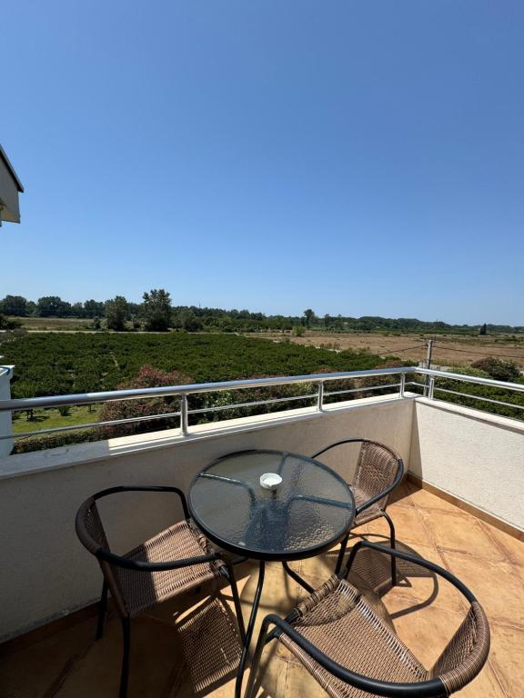 a glass table and two chairs on a balcony at Sunrise house apartments in Ulcinj