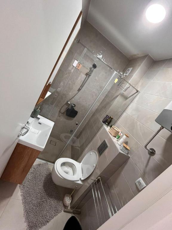 un bagno con doccia, WC e lavandino di Apartman Dan i Noć a Divčibare