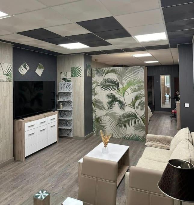 a living room with a couch and a flat screen tv at Guadiana Loft Experience Nadra in Badajoz