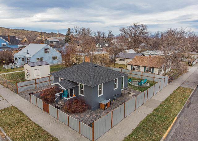 an aerial view of a house in a residential neighborhood at Eastside Bungalow in Livingston