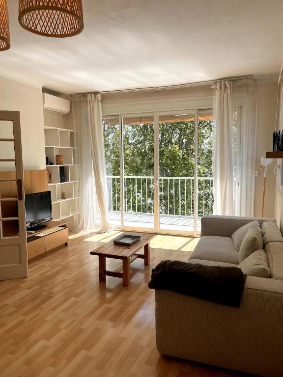 un salon avec un canapé et une grande fenêtre dans l'établissement Appartement vue sur le Rhône, à Arles
