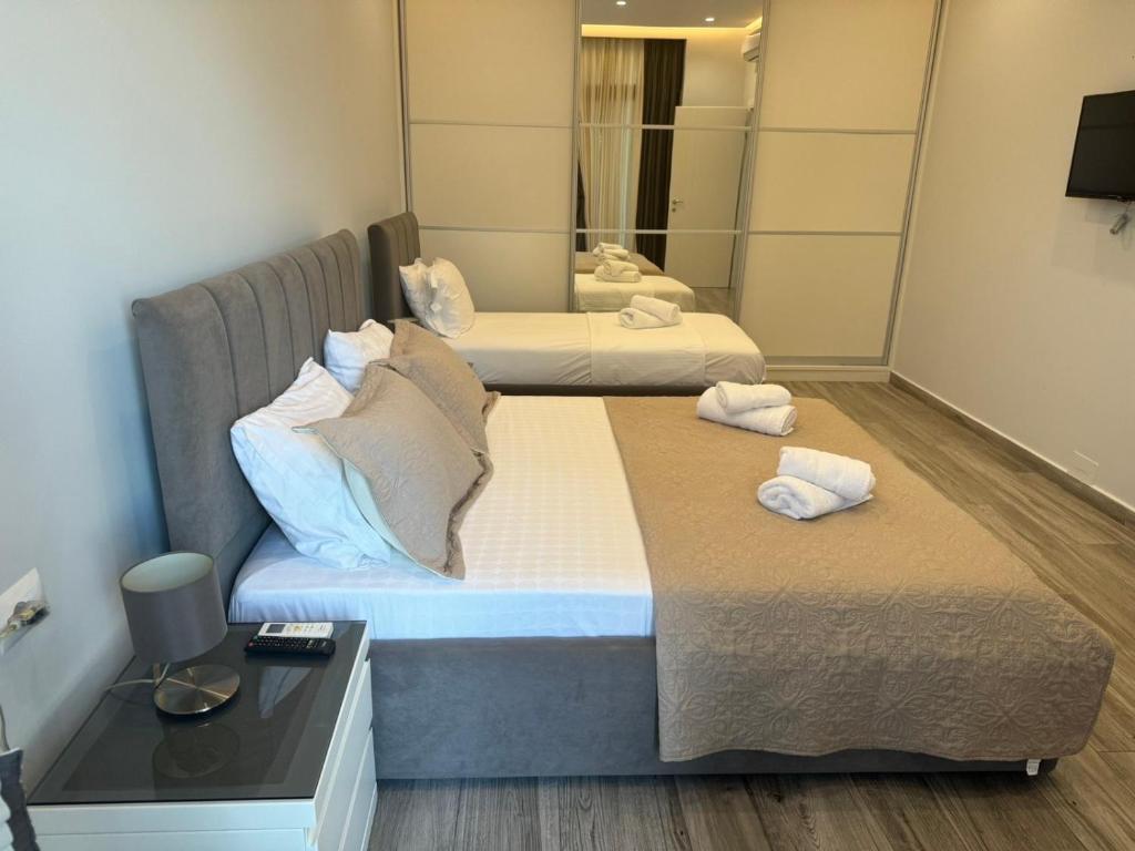 two beds in a room with a mirror at Vitamine Luxury Apartments 2 in Sarandë