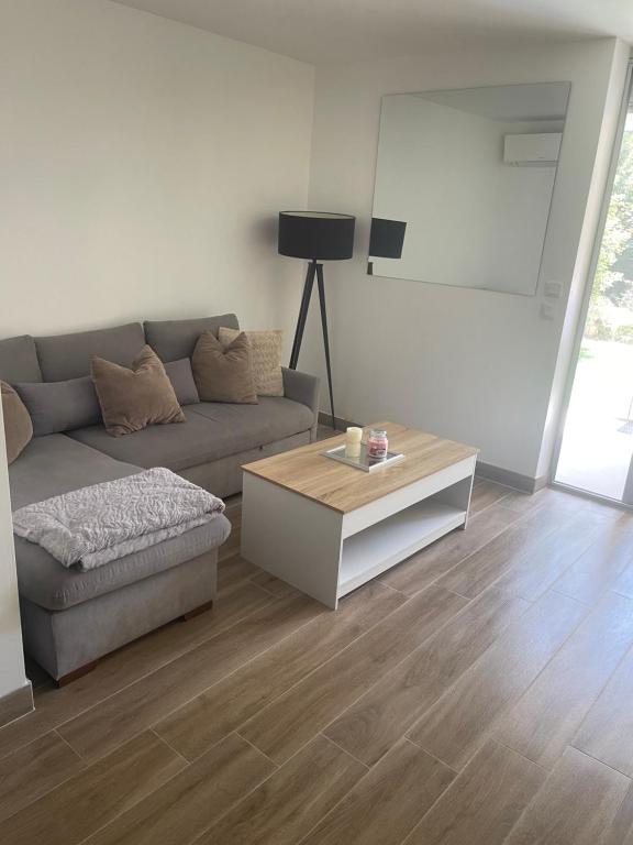 un salon avec un canapé et une table basse dans l'établissement Appartement Seyana - Agréable avec jardin et grande Véranda - Proche mer, à Cagnes-sur-Mer