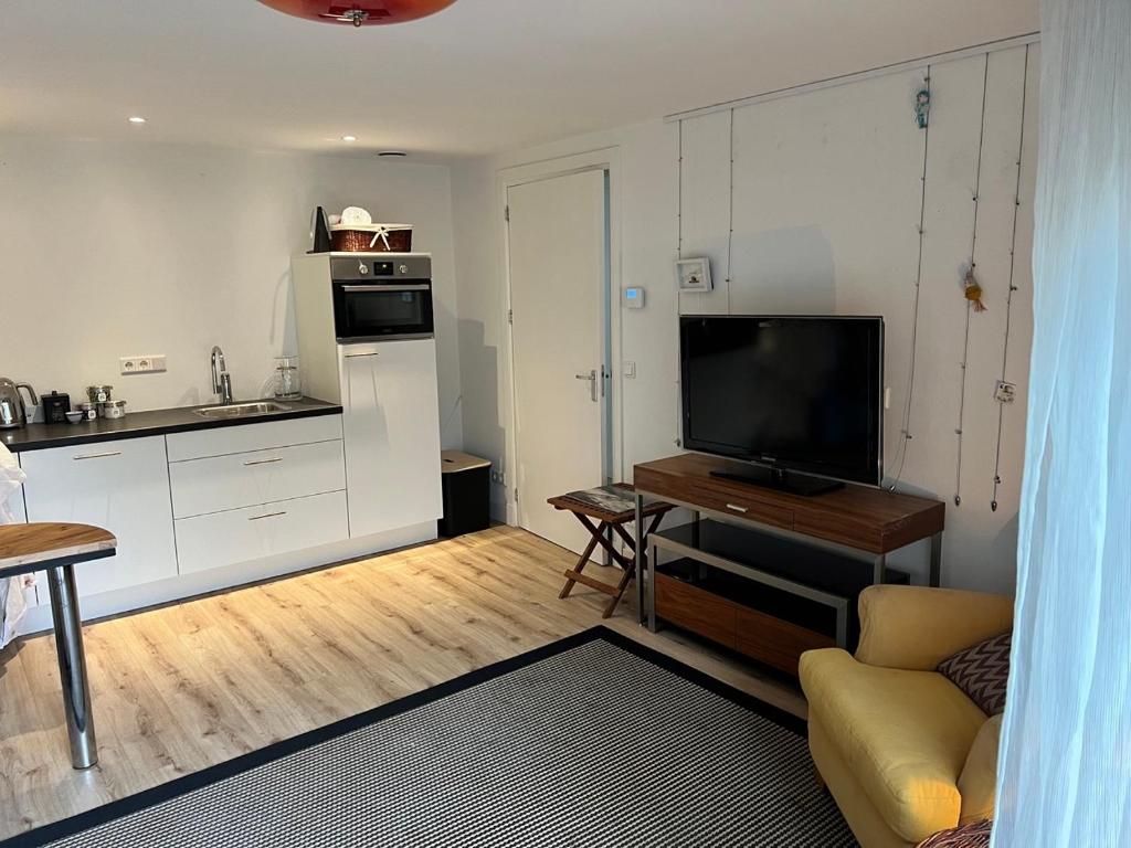 a living room with a television and a kitchen at Appartement Plein 1944 in Nijmegen