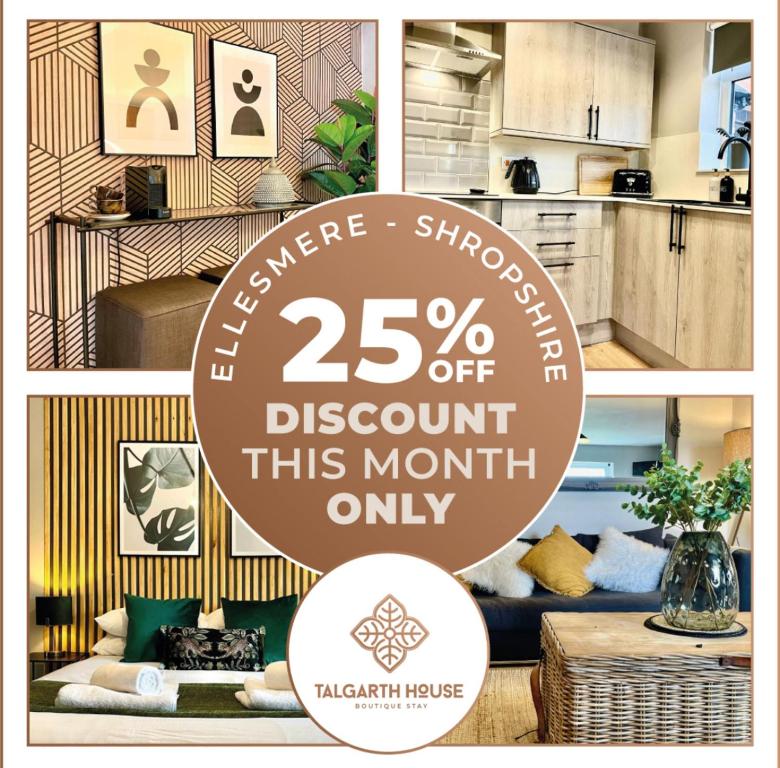 eine Collage aus Fotos eines Wohnzimmers mit einem Rabatt dieses in der Unterkunft Central Ellesmere -Sleeps2 - Parking - PetFriendly in Ellesmere