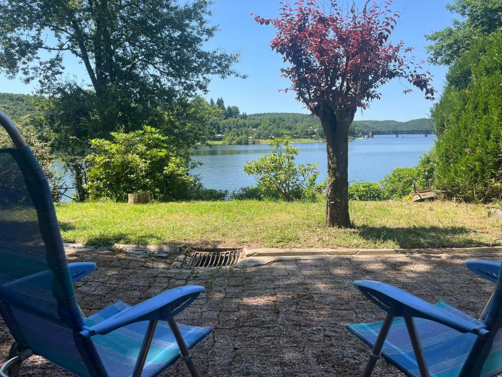deux chaises bleues assises devant un lac dans l'établissement La cabane du pêcheur - 20 min d'Aurillac - 2ch - les pieds dans le lac, à Lacapelle-Viescamp