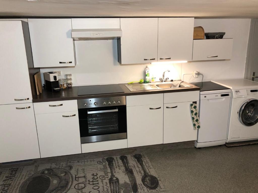 a kitchen with white cabinets and a sink and a dishwasher at Ursprungshaus - Nuss und Traube in Dornbirn