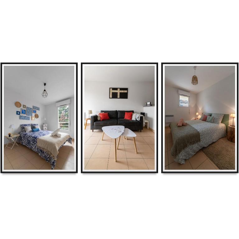 quatre photos d'un salon et d'une chambre dans l'établissement L'Eugenie - Appartement design & confort en centre-ville, à Vichy