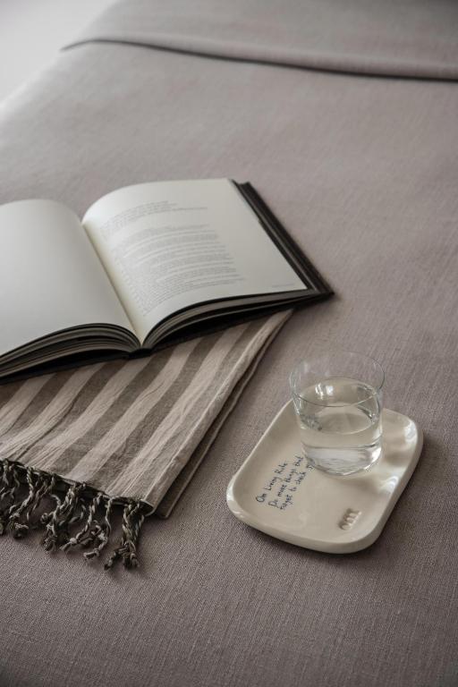 a book and a remote control on a table with a glass at Om Living Milos in Pollonia