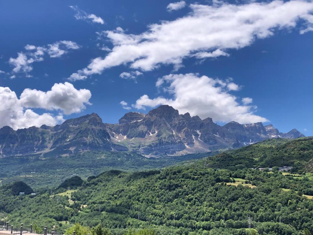 een uitzicht op een bergketen met groene bossen bij Snow Hills Panticosa in Panticosa