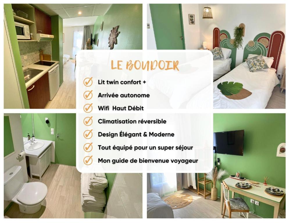 a collage of pictures of a room with a bathroom at Boudoir - Clim-Wifi-Twin-Gare in Lourdes