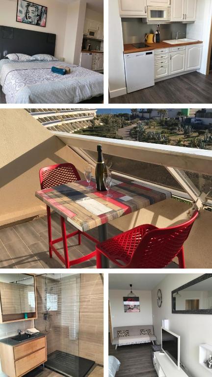 un collage de quatre photos d'une cuisine et d'une table dans l'établissement Studio Héliopolis vue mer village naturiste, au Cap d'Agde