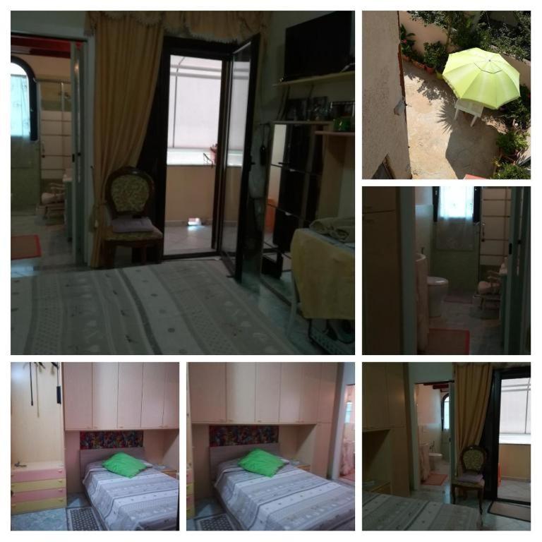 a collage of four pictures of a room with beds and an umbrella at B&B Is Pranus a Mari Casa Privata in Solanas