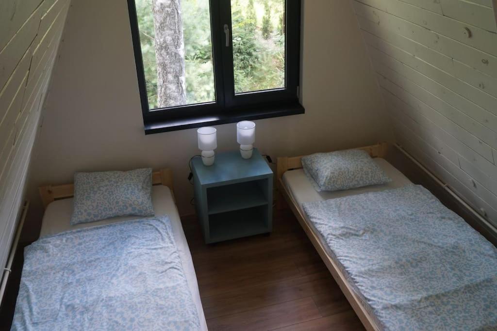 two beds in a room with two windows at Domek nad Jeziorem Kaszuby max 6 os in Bieszkowice