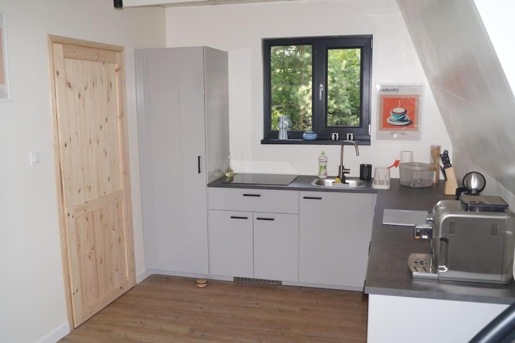 a white kitchen with a sink and a window at Domek nad Jeziorem Kaszuby max 6 os in Bieszkowice