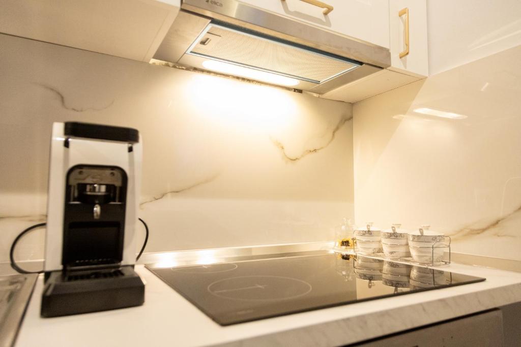 Kuchyň nebo kuchyňský kout v ubytování Cozy Loft-Blloku Downtown
