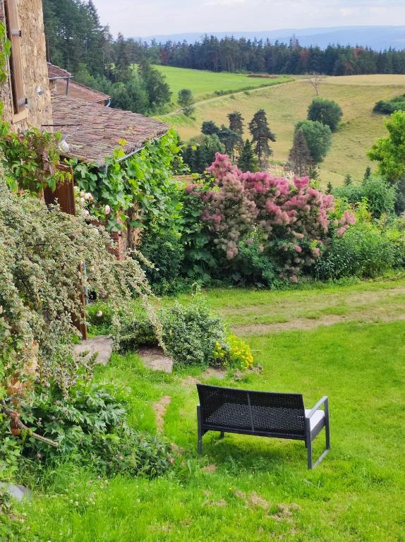 un banc installé dans l'herbe dans un jardin dans l'établissement Eco-gîte cottage panoramique, terrasses, baby foot, 150 m2 rénové et agrandi en 2024, activités proposées, à Champagnac-le-Vieux
