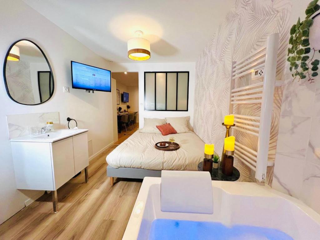 a bedroom with a bed and a sink and a tub at Cozy Jacuzzi Bordeaux Chartrons in Bordeaux