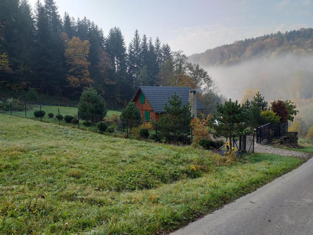 a house on the side of a hill with fog in the field at Domek za lasem in Laskowa
