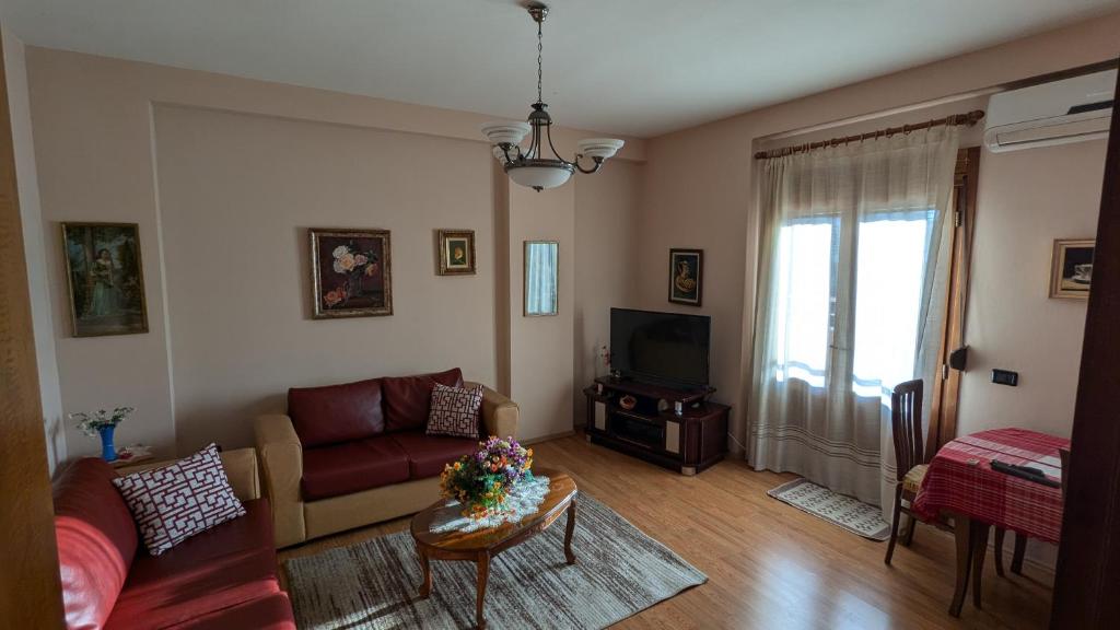 a living room with a couch and a tv at visitShkoder - Noel's Home in Shkodër