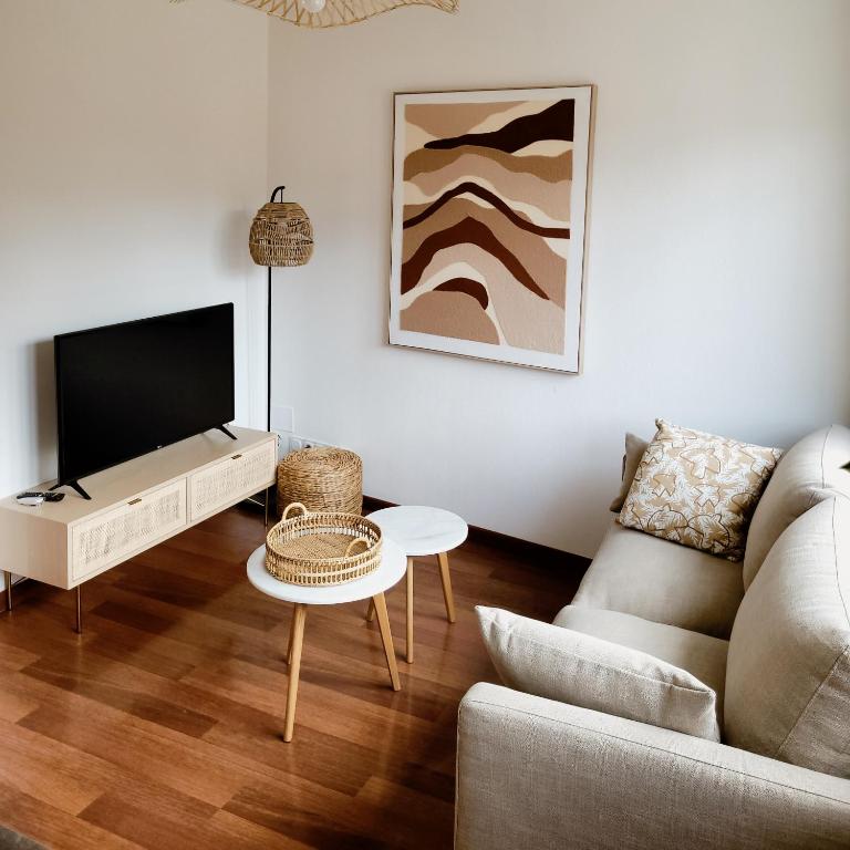 un salon avec un canapé et une télévision dans l'établissement Appartement au cœur de Rambouillet, à Rambouillet