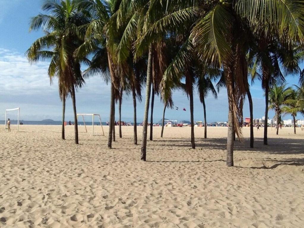 a row of palm trees on a sandy beach at SUH Copacabana 01 Nice Balcony Close To Beach in Rio de Janeiro