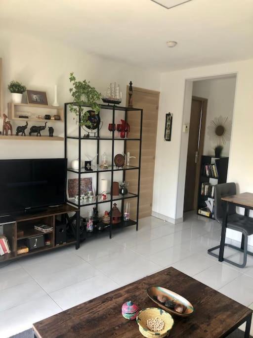 un salon avec une télévision et une table dans l'établissement Appartement T 3 proche Gare, à Massy