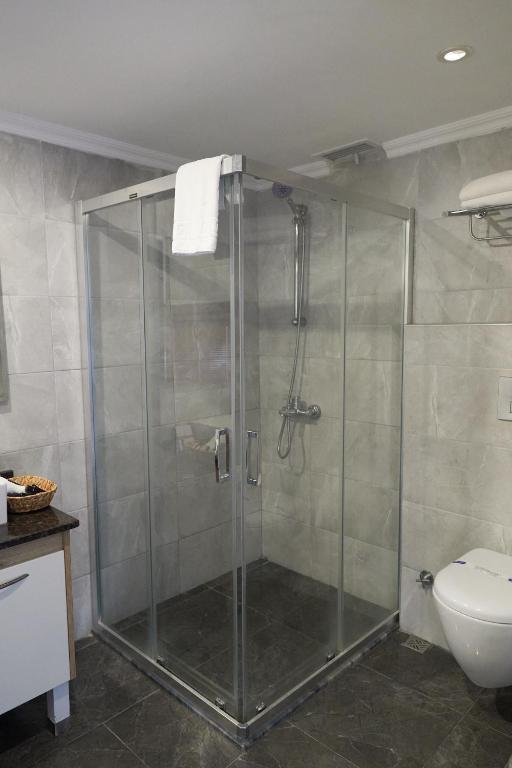 a glass shower in a bathroom with a toilet at Phellos Suites Boutique Hotel in Şile