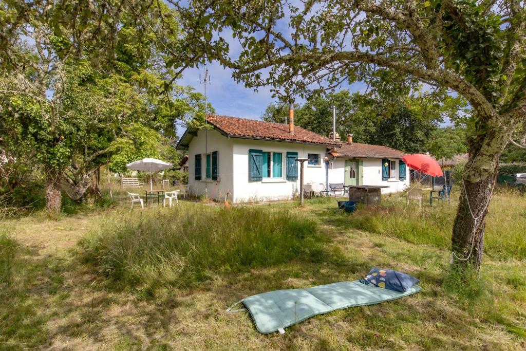a skateboard laying in the grass in front of a house at Petite maison rustique et atypique in Hourtin