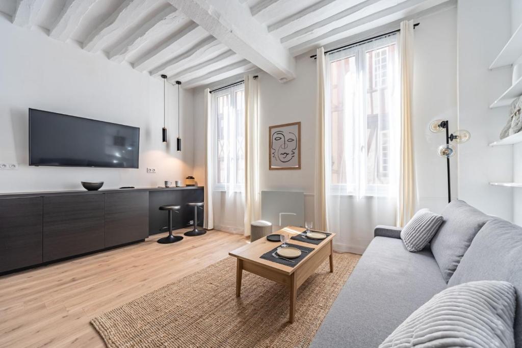 un salon avec un canapé et une télévision dans l'établissement Studio Cosy - Hypercentre Rouen - Rue Vicomté, à Rouen