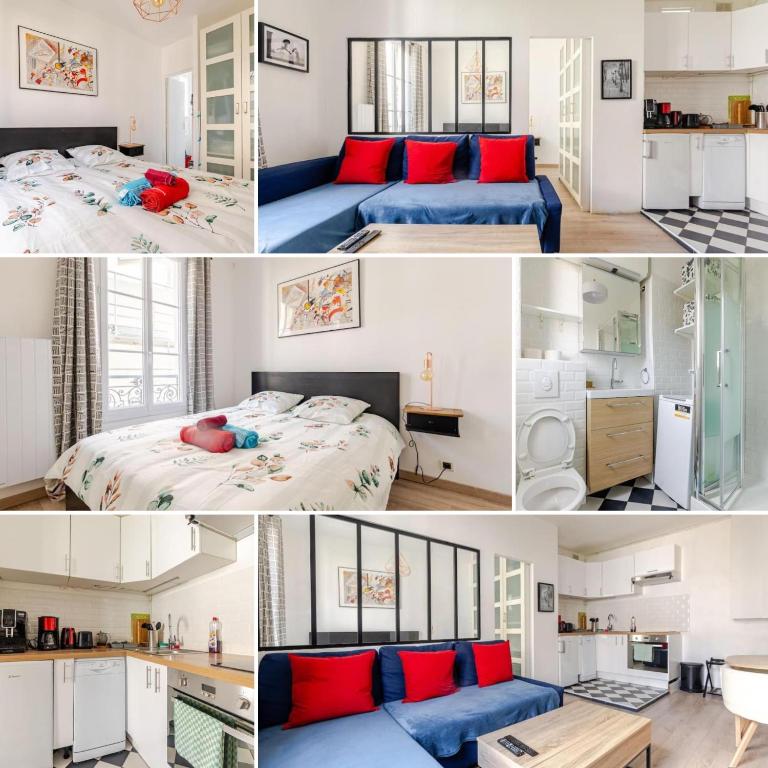 un collage de quatre photos d'une chambre dans l'établissement F2 au calme au cœur de Paris 13, à Paris