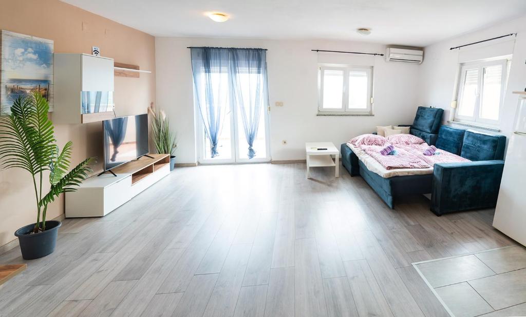 a large room with a bed and a tv in it at APARTMAN D&D , KRK-VRH in Vrh