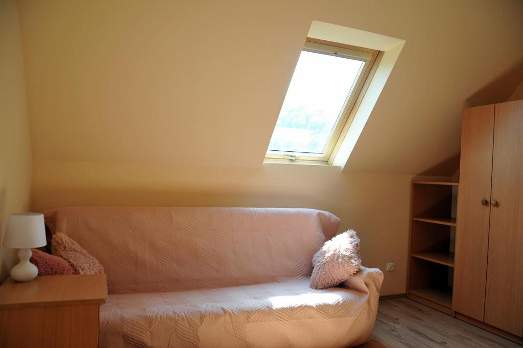 a living room with a couch and a window at Kapio - domki, pokoje, apartament in Bóbrka