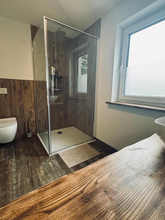 a bathroom with a shower with a toilet and a window at Ganzes Tiny House "Thüringer Ruhe" mit großem Garten nahe Rennsteig in Laucha