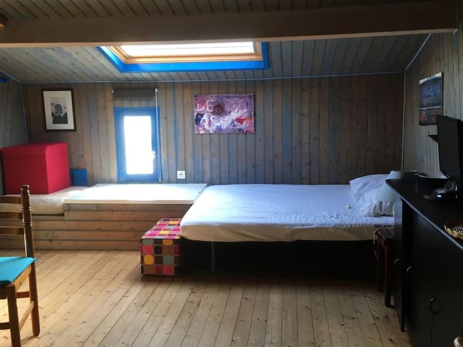 拉盖里尼耶尔STUDIO A LA PLAGE 20m Belle vue的带一张大床和一扇窗户的卧室