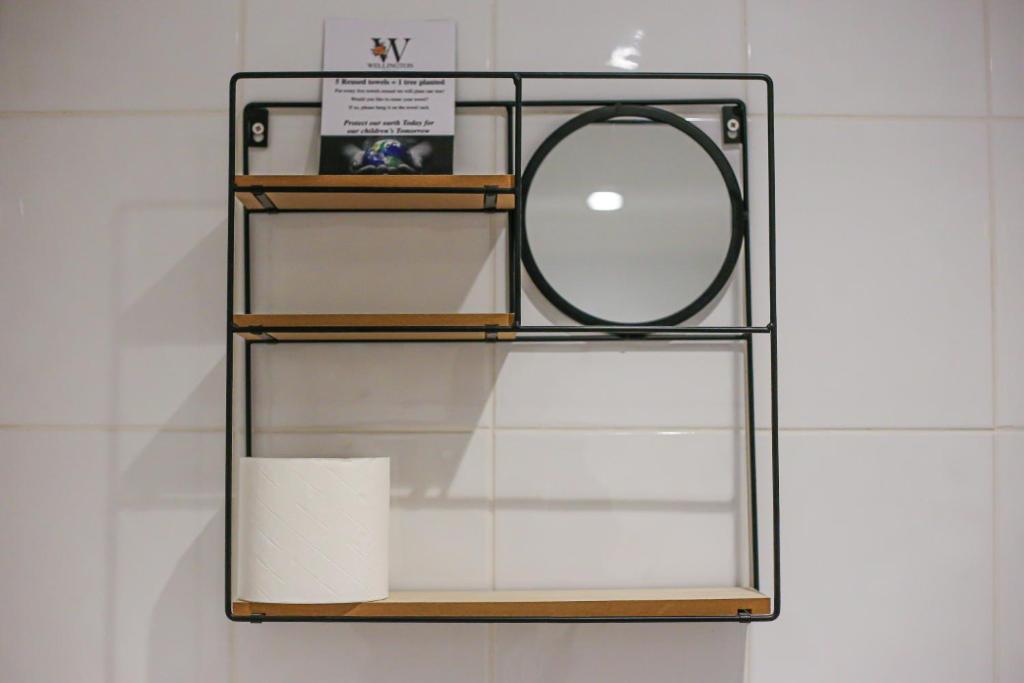 a shelf with a mirror and a roll of toilet paper at The Wellington Hotel in Ventnor